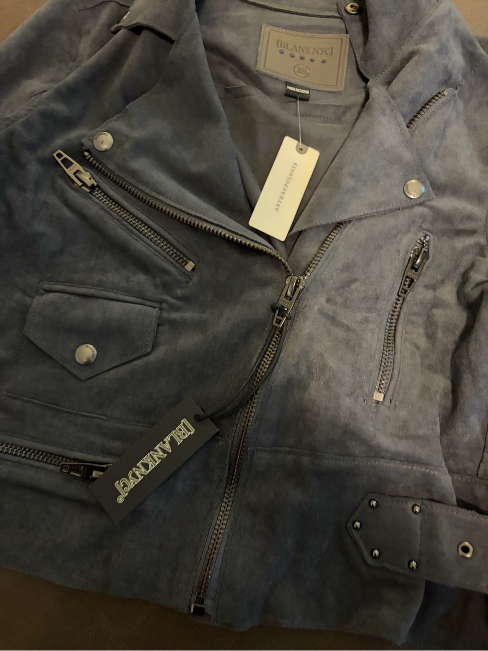 Blank NYC Suede Moto Jacket - Slate Blue NWT xsmall $198 - Picture 3 of 5